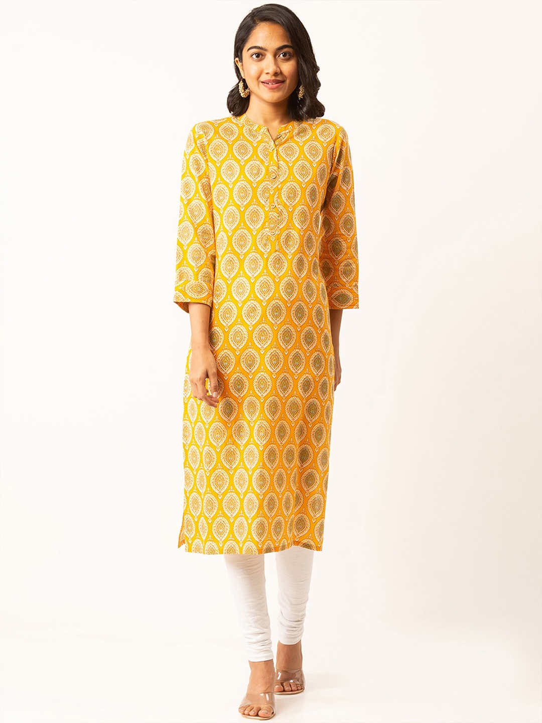 

ODETTE Mandarin Collar Ethnic Motifs Printed Straight Cotton Kurta, Yellow