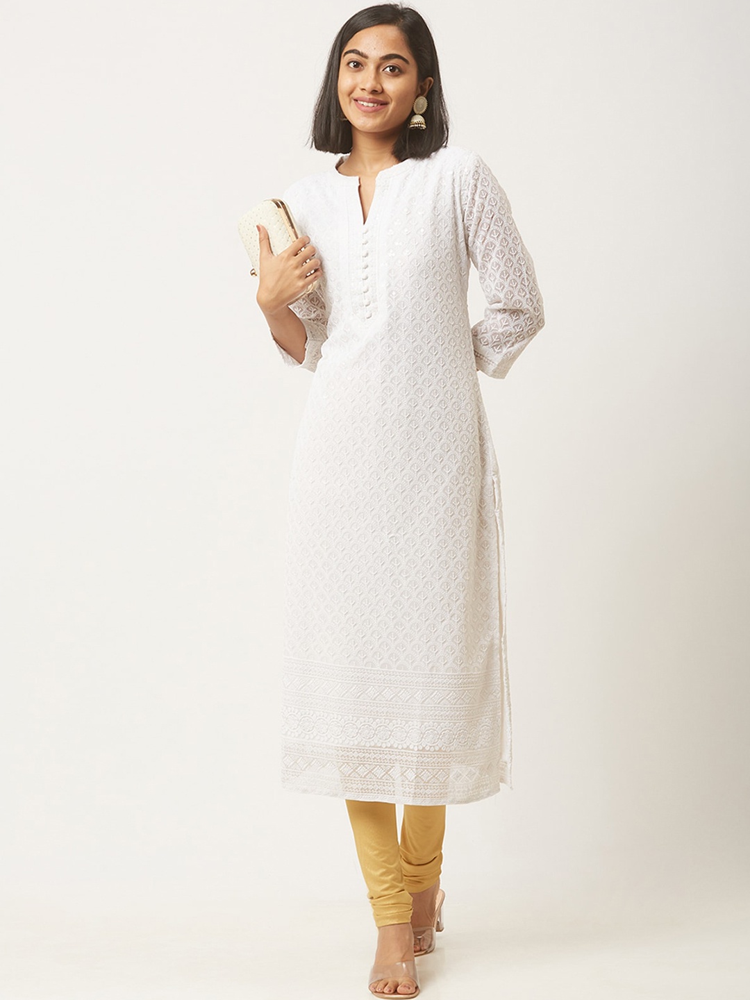 

ODETTE Round Neck Ethnic Motifs Embroidered Thread Work Kurta, White