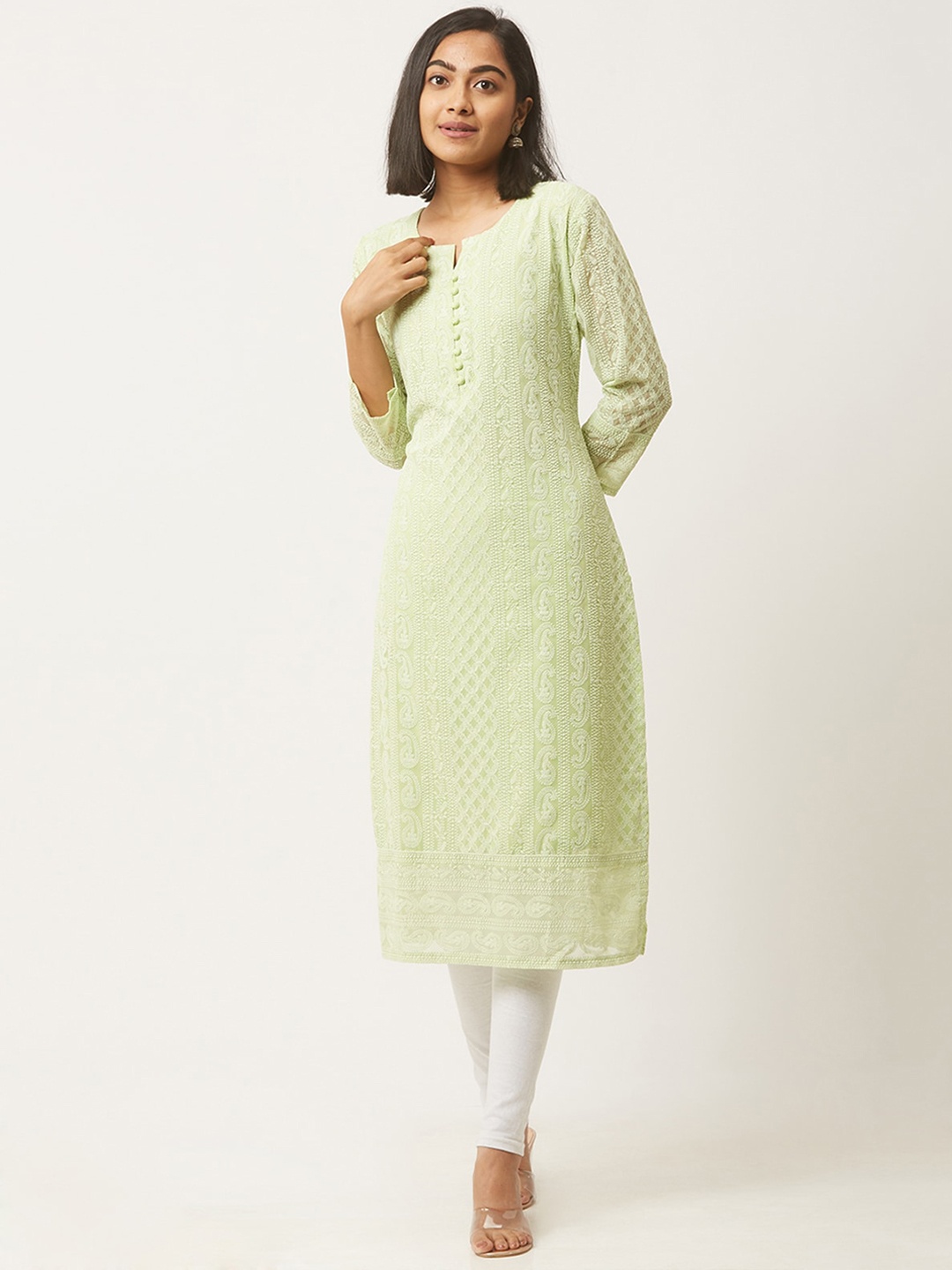 

ODETTE Round Neck Ethnic Motifs Embroidered Thread Work Kurta, Green