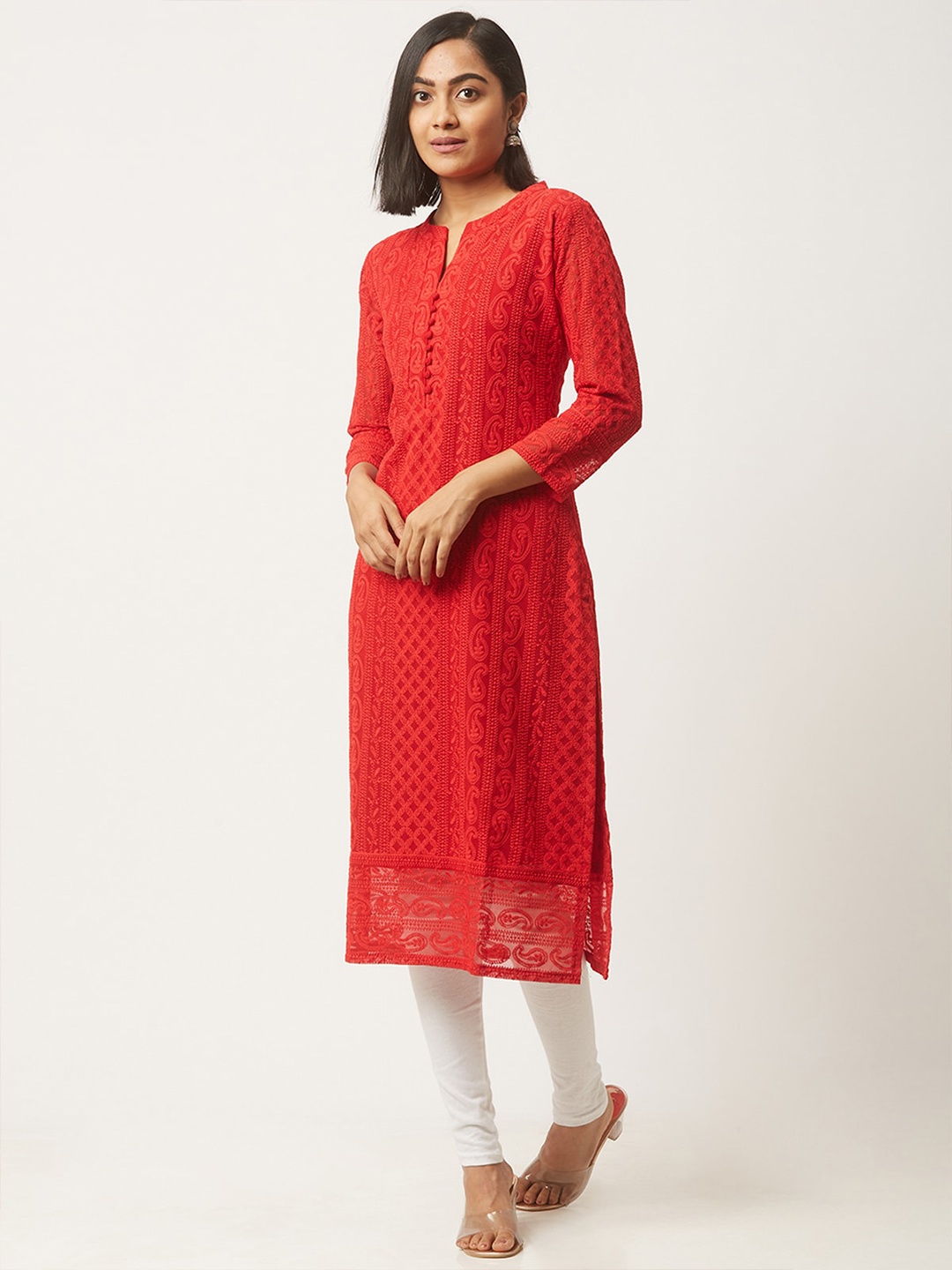 

ODETTE Round Neck Ethnic Motifs Embroidered Thread Work Kurta, Red
