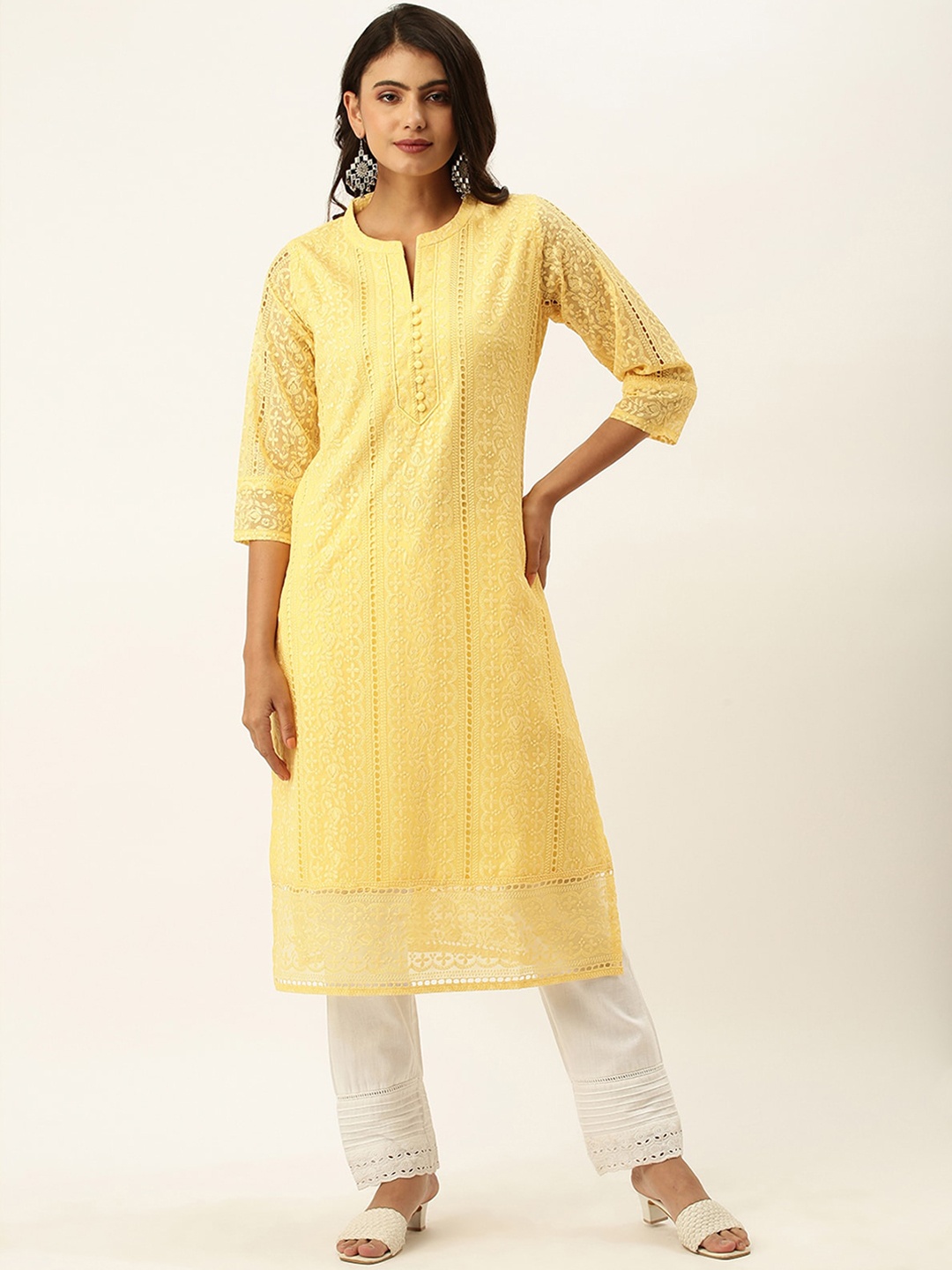 

ODETTE Round Neck Ethnic Motifs Embroidered Thread Work Kurta, Yellow