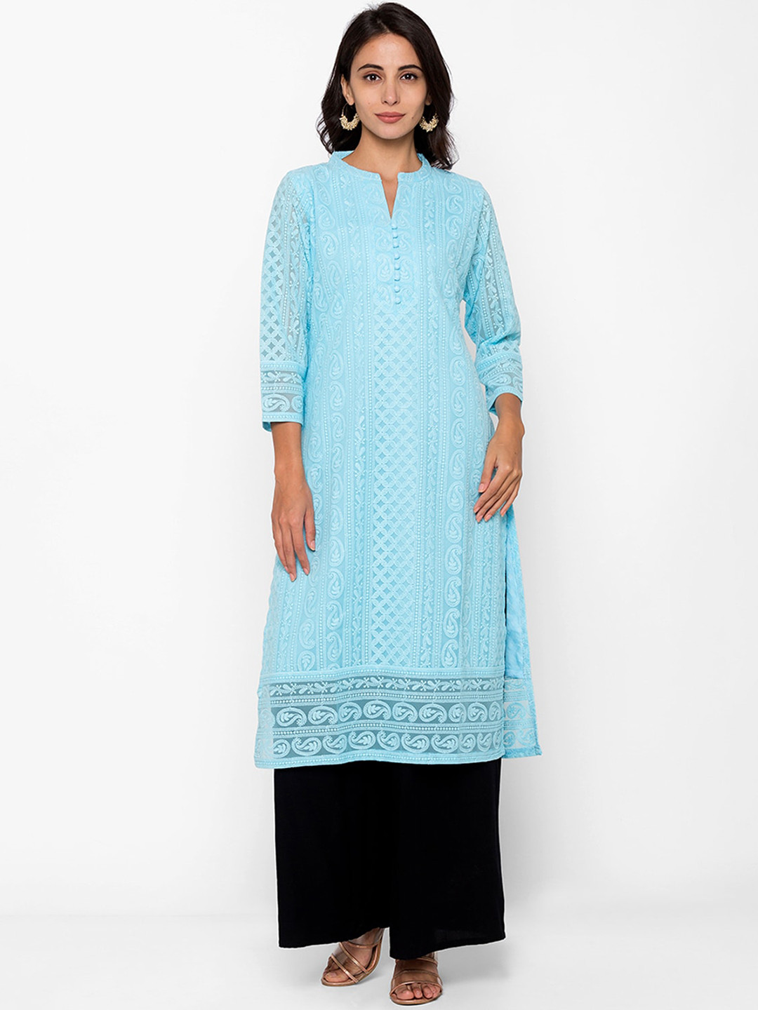 

ODETTE Mandarin Collar Ethnic Motifs Embroidered Thread Work Kurta, Blue