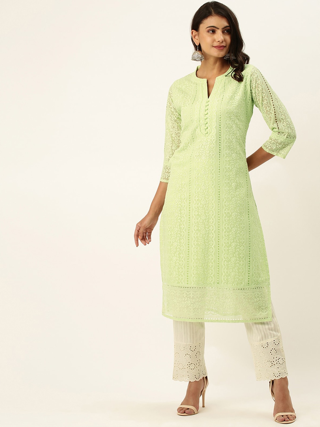 

ODETTE Round Neck Ethnic Motifs Embroidered Thread Work Kurta, Green
