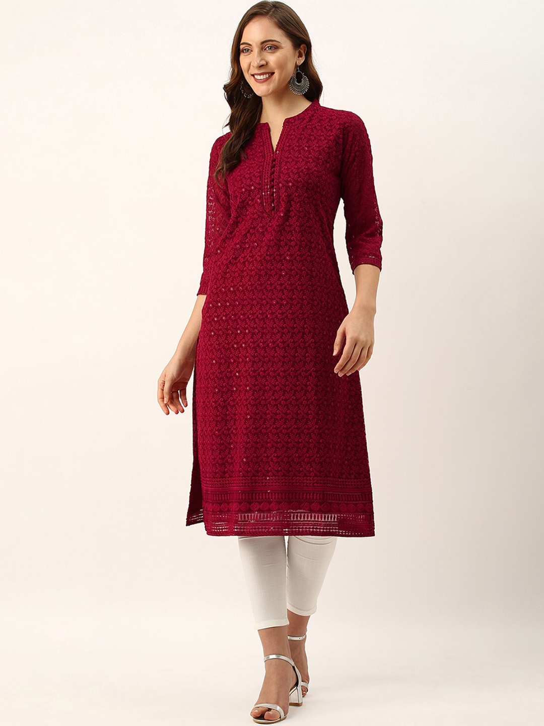 

ODETTE Mandarin Collar Ethnic Motifs Embroidered Thread Work Kurta, Maroon