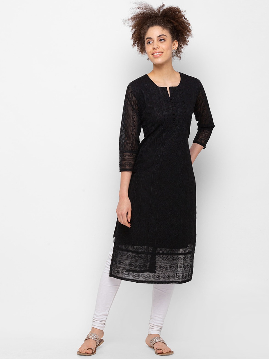 ODETTE Round Neck Ethnic Motifs Embroidered Thread Work Kurta, Black