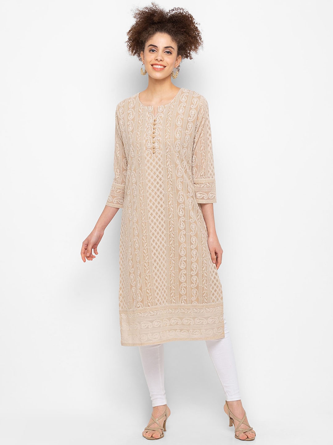 

ODETTE Round Neck Ethnic Motifs Embroidered Thread Work Kurta, Beige