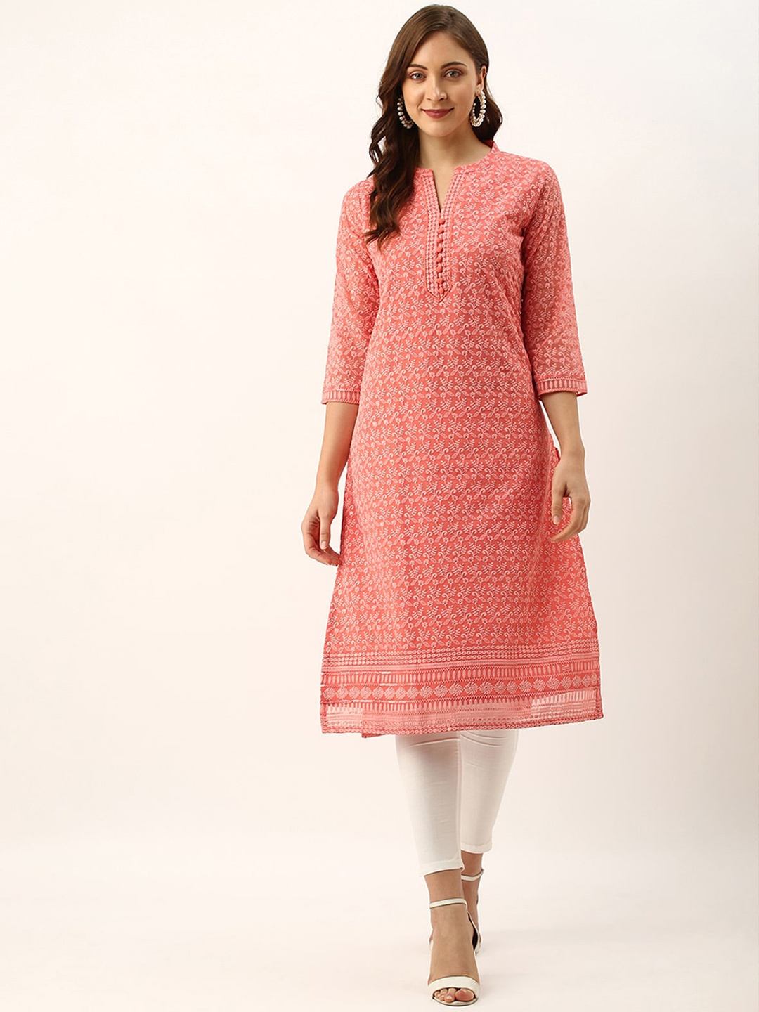 

ODETTE Mandarin Collar Ethnic Motifs Embroidered Thread Work Kurta, Peach