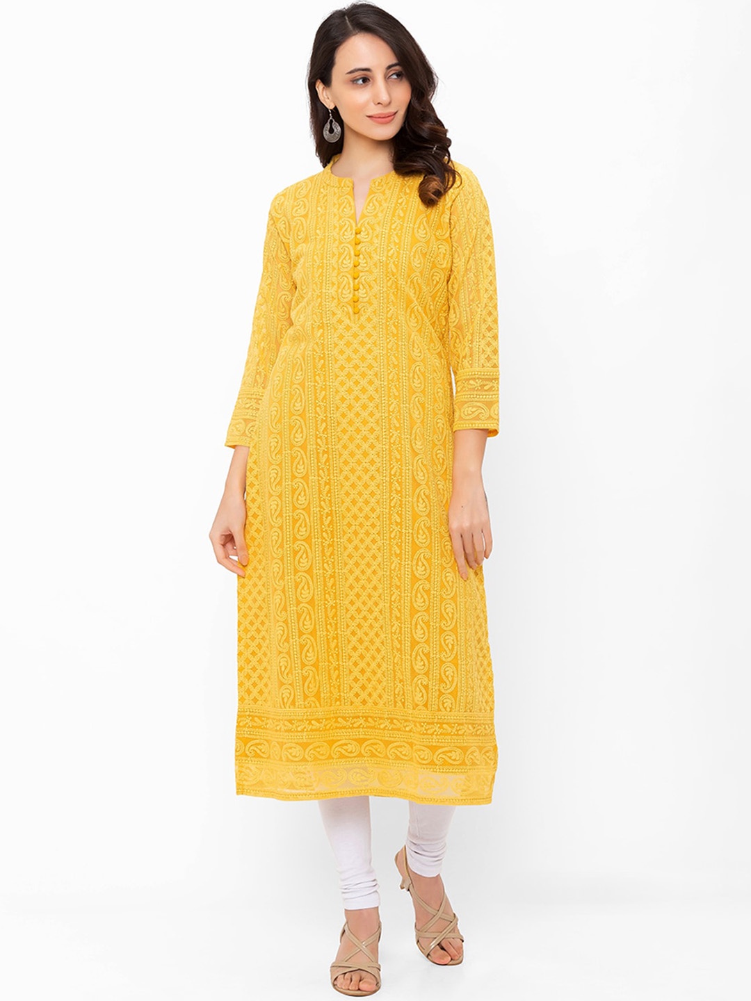 

ODETTE Round Neck Paisley Embroidered Thread Work Kurta, Yellow