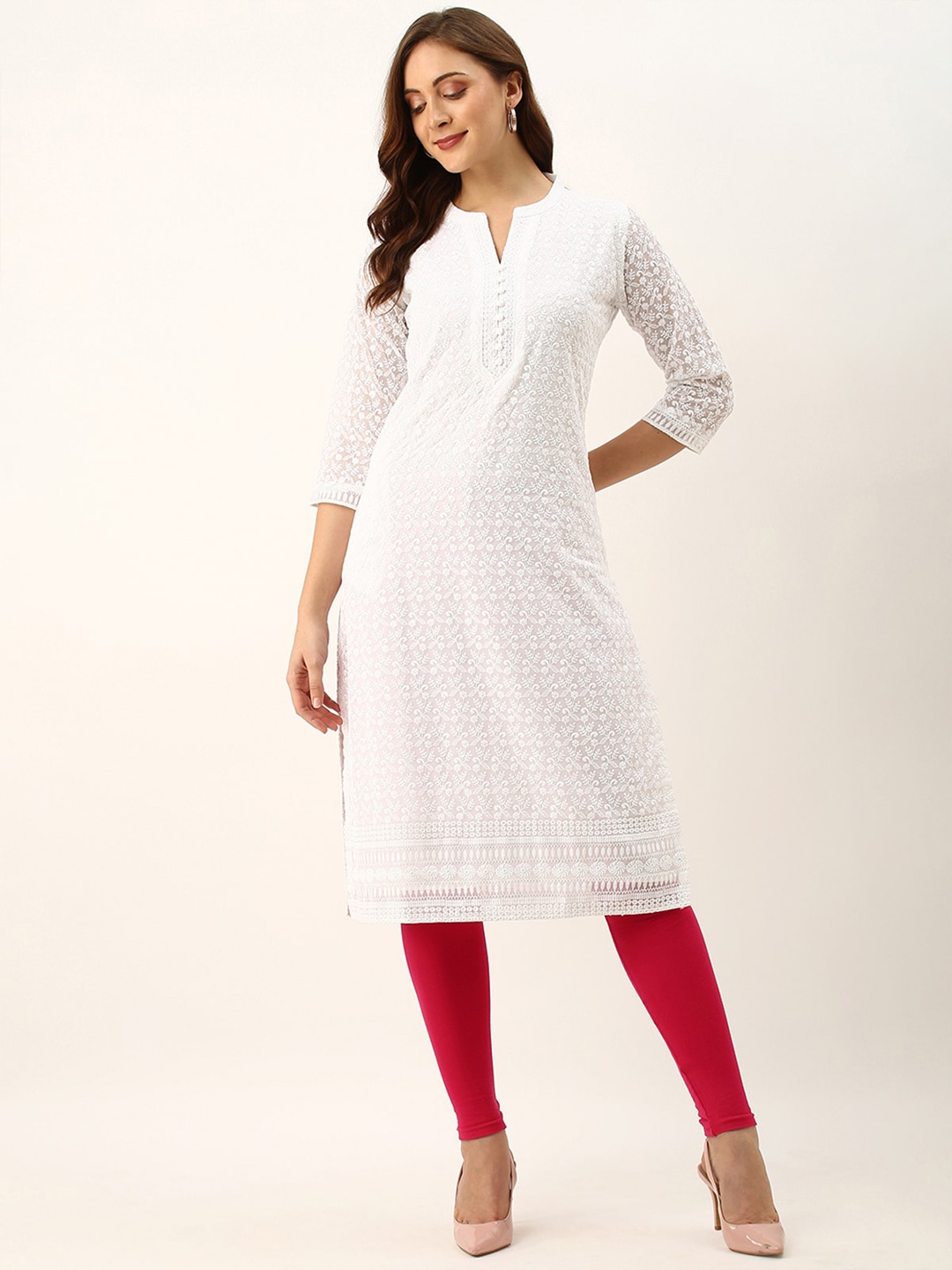 

ODETTE Floral Embroidered Mandarin Collar Thread Work Straight Kurta, White
