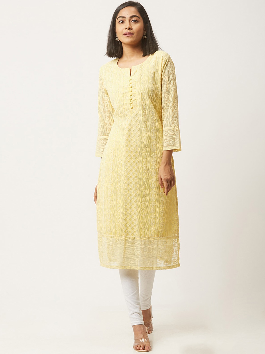 

ODETTE Ethnic Motifs Embroidered Round Notched Neck Straight Kurta, Yellow