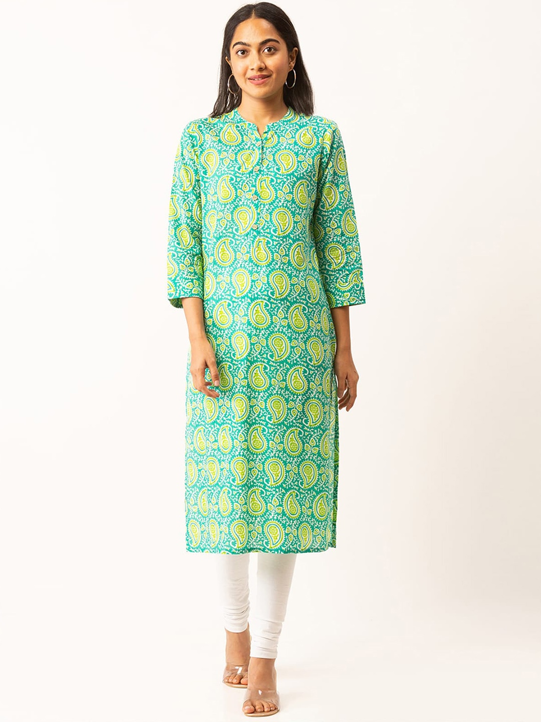 

ODETTE Paisley Printed Mandarin Collar Straight Kurta, Green