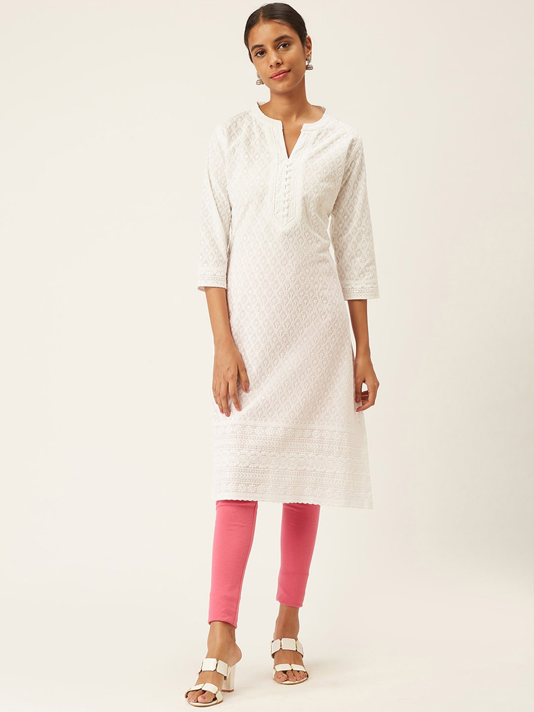 

ODETTE Ethnic Motifs Embroidered Mandarin Collar Straight Kurta, White