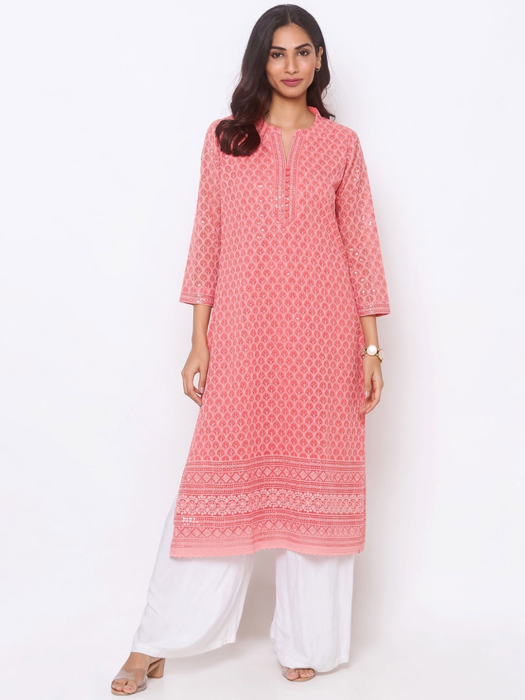 

ODETTE Ethnic Motifs Embroidered Mandarin Collar Sequin Straight Kurta, Peach