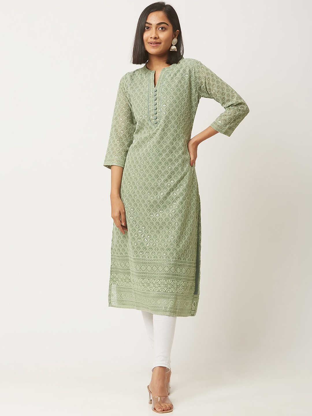 

ODETTE Ethnic Motifs Embroidered Mandarin Collar Sequin Straight Kurta, Green