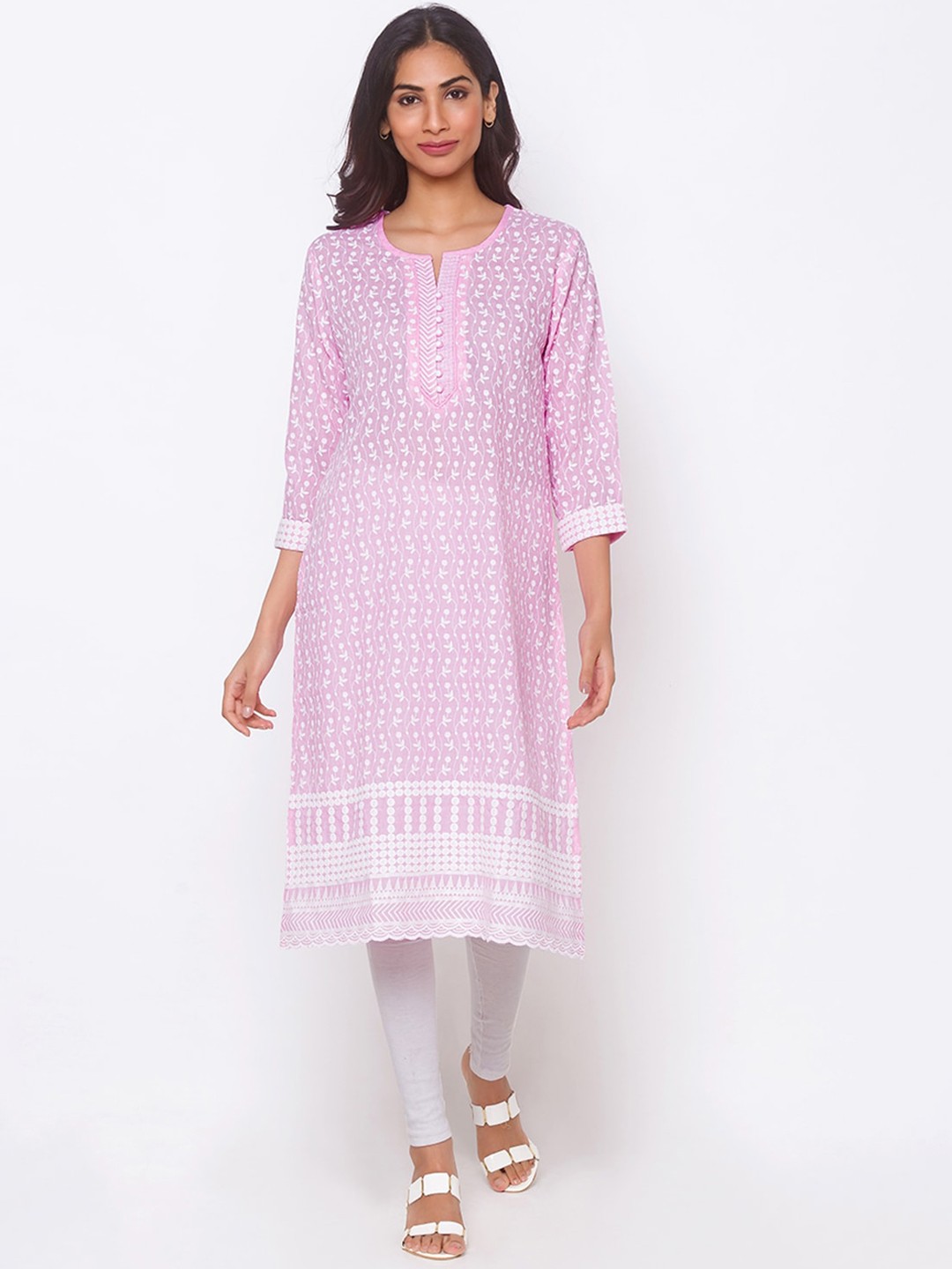 

ODETTE Floral Embroidered Notched Neck Straight Kurta, Pink