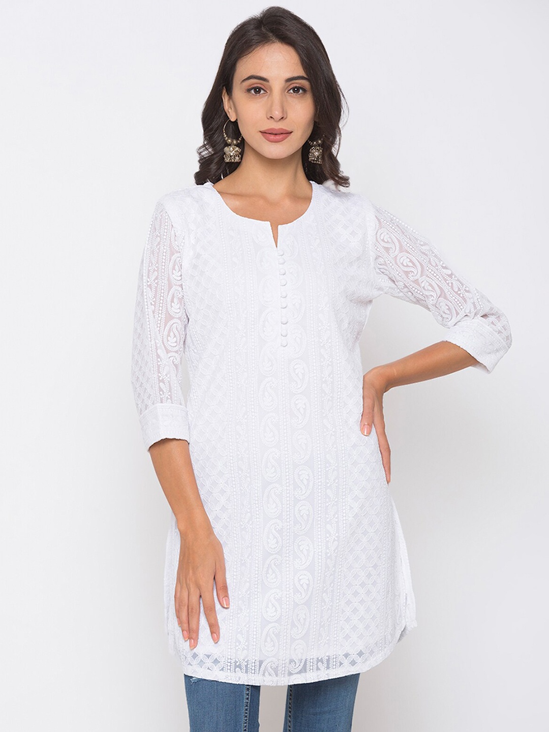 

ODETTE Ethnic Motifs Embroidered Notched Neck Straight Kurta, White