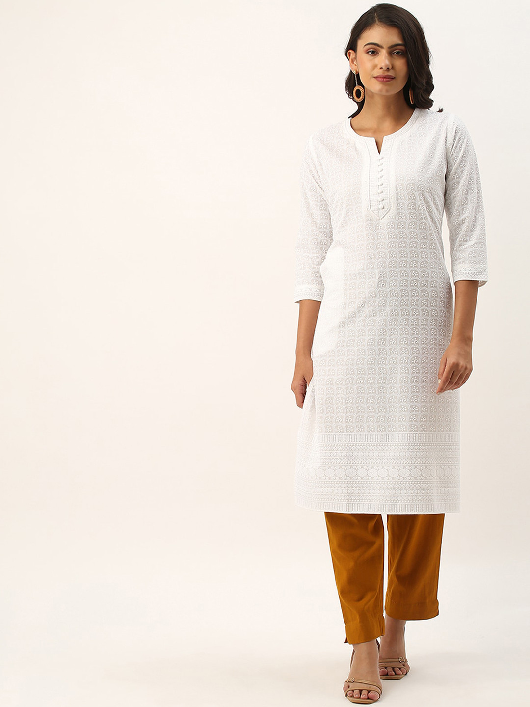 

ODETTE Ethnic Motifs Embroidered Notched Neck Straight Kurta, White