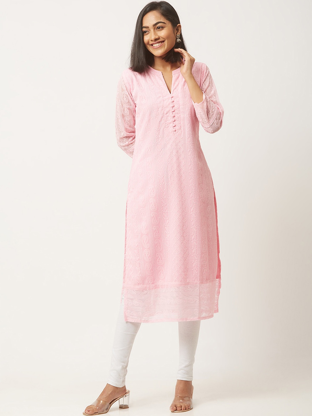 

ODETTE Ethnic Motifs Embroidered Mandarin Collar Straight Kurta, Pink