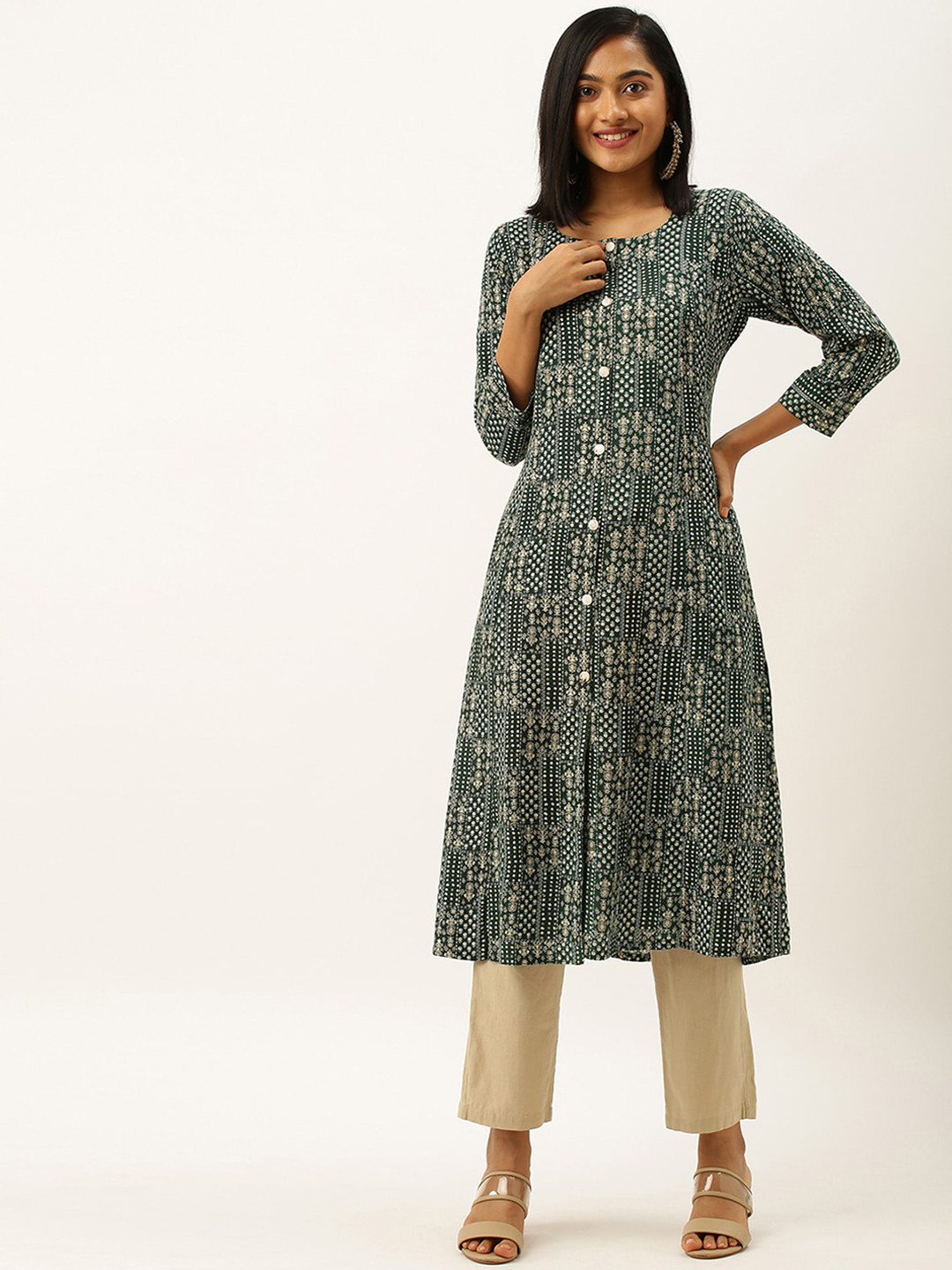 

ODETTE Ethnic Motifs Printed Round Neck A-Line Kurta, Green
