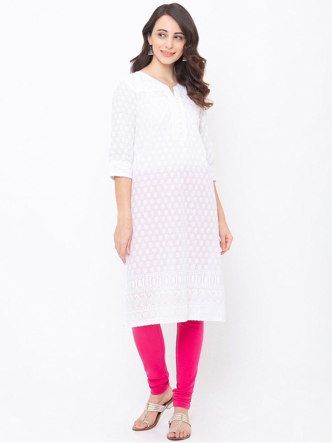 

ODETTE Ethnic Motifs Embroidered Notched Neck Straight Kurta, White