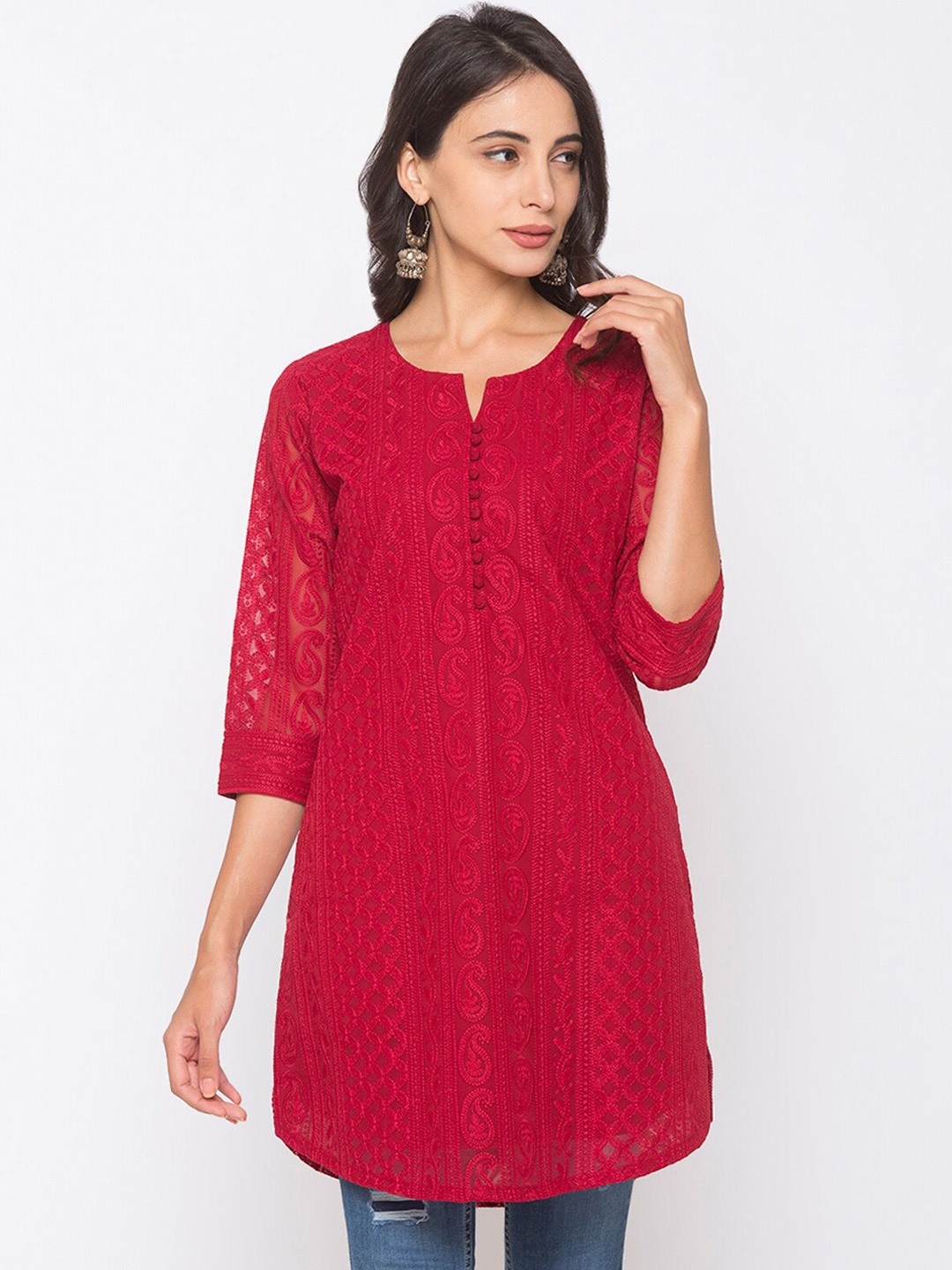 

ODETTE Ethnic Motifs Embroidered Notched Neck A-Line Kurta, Maroon