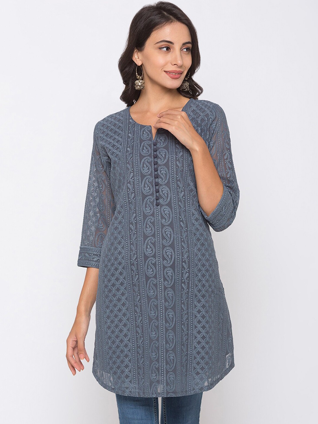 

ODETTE Ethnic Motifs Embroidered Notched Neck A-Line Kurta, Grey