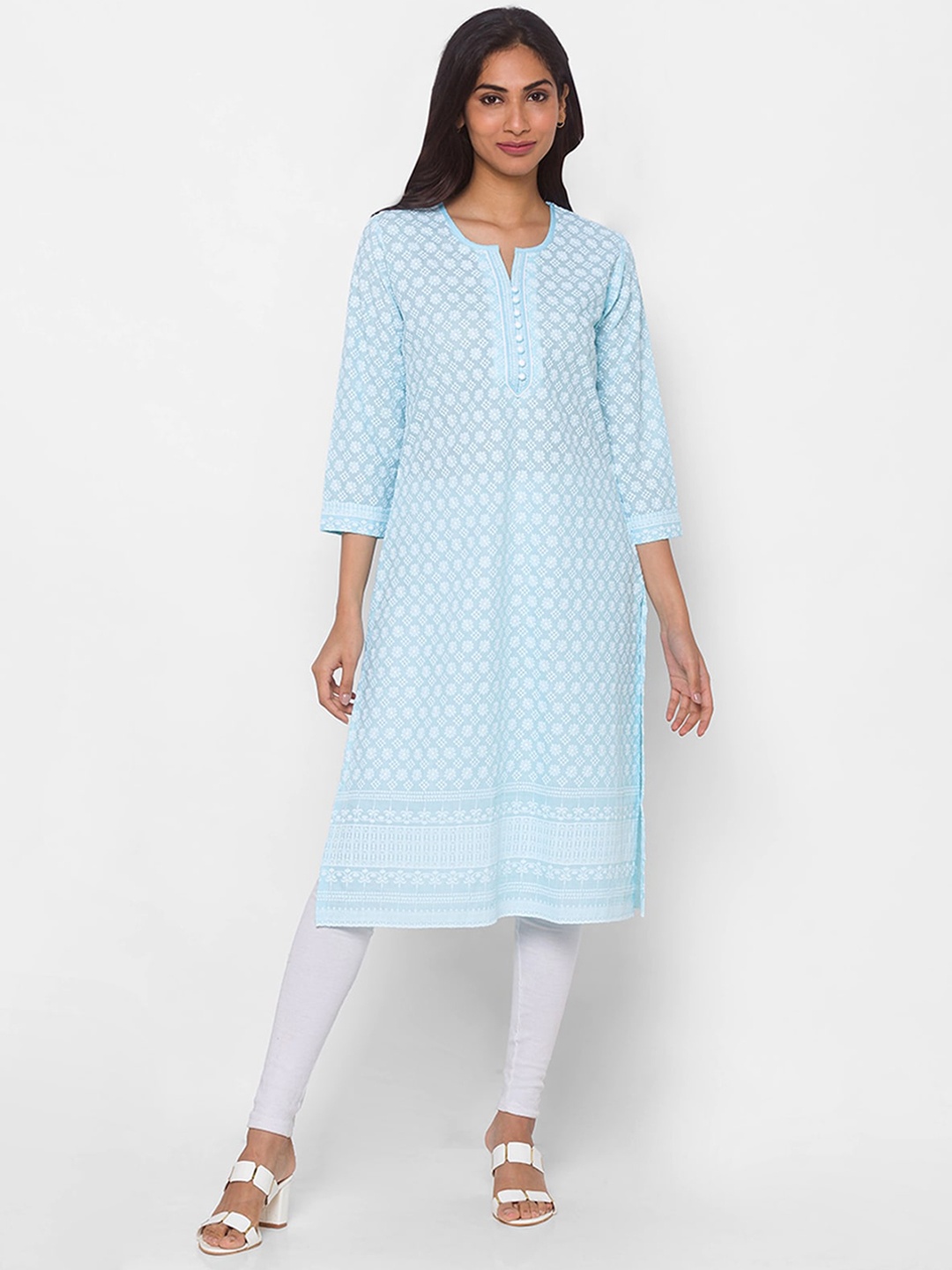 

ODETTE Floral Embroidered Notched Neck Straight Kurta, Blue