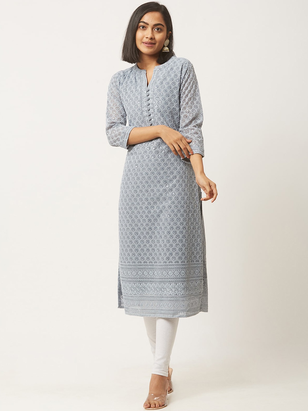 

ODETTE Ethnic Motifs Embroidered Mandarin Collar Sequin Straight Kurta, Grey