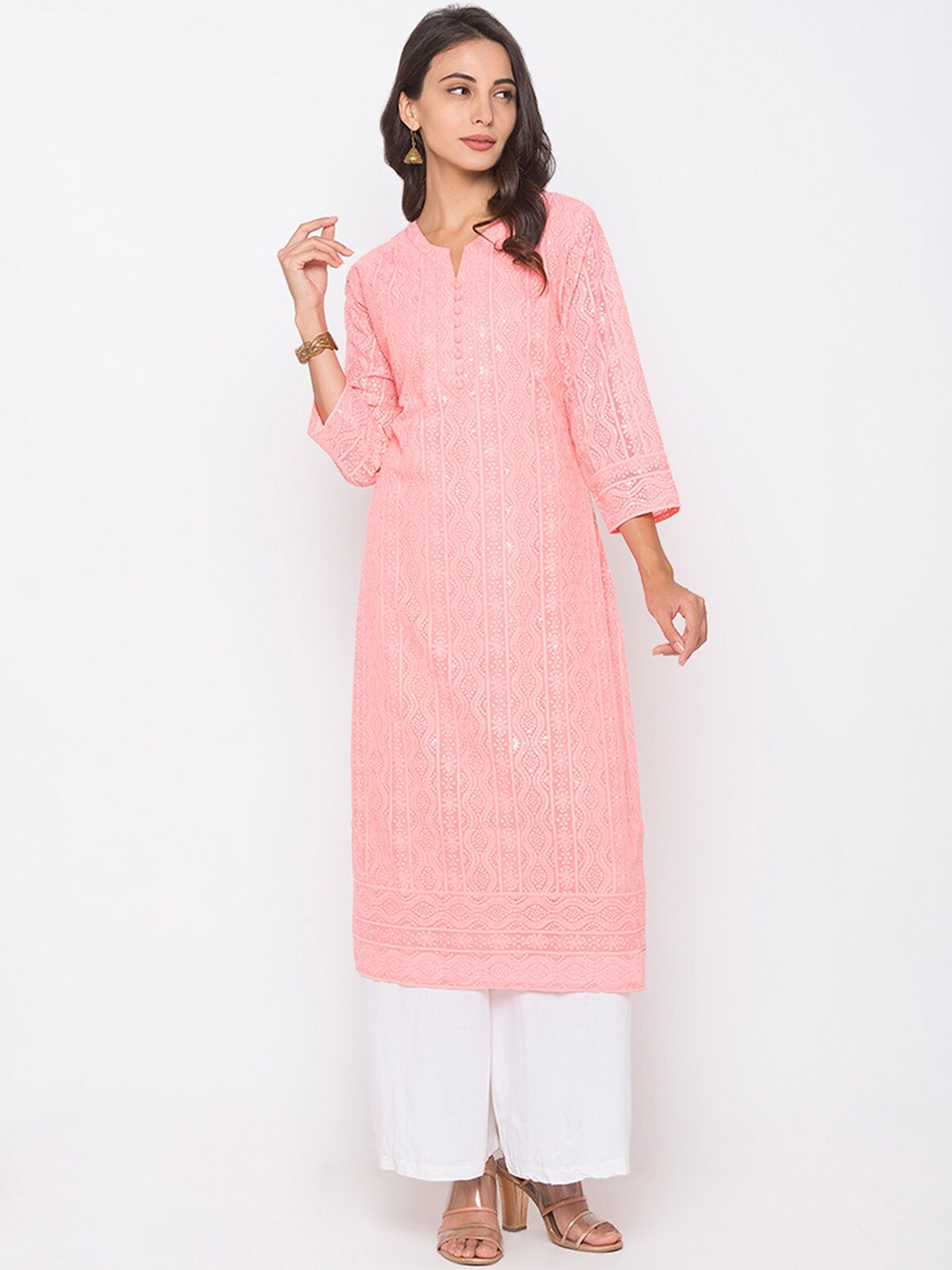 

ODETTE Ethnic Motifs Embroidered sequin Straight Kurta, Peach