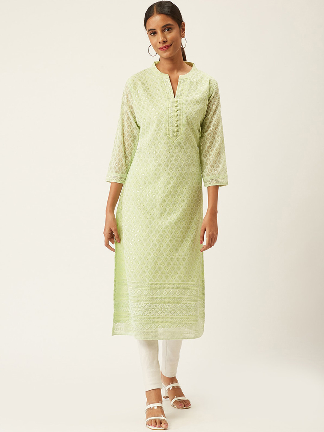 

ODETTE Ethnic Motifs Embroidered Mandarin Collar Sequined Straight Kurta, Green