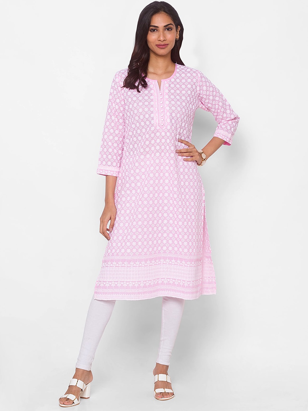 

ODETTE Floral Embroidered Round Notched Neck Straight Kurta, Pink