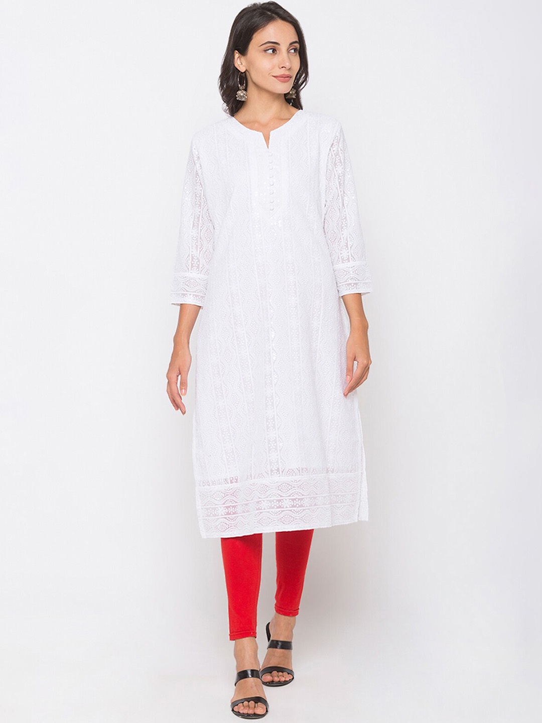 

ODETTE Ethnic Motifs Embroidered Round Notched Neck Straight Kurta, White