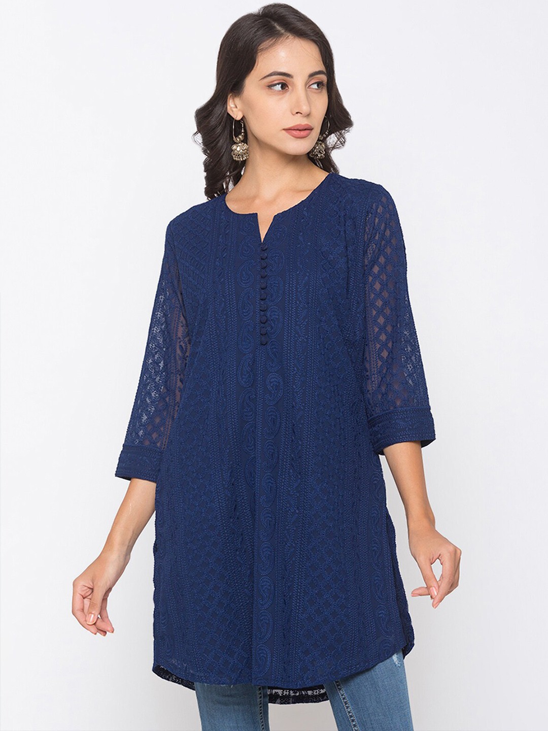

ODETTE Ethnic Motifs Embroidered Round Notched Neck A-Line Kurta, Navy blue