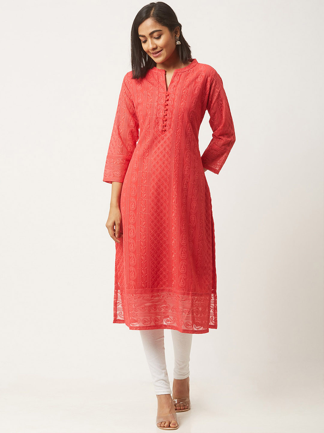 

ODETTE Ethnic Motifs Embroidered Mandarin Collar Straight Kurta, Red