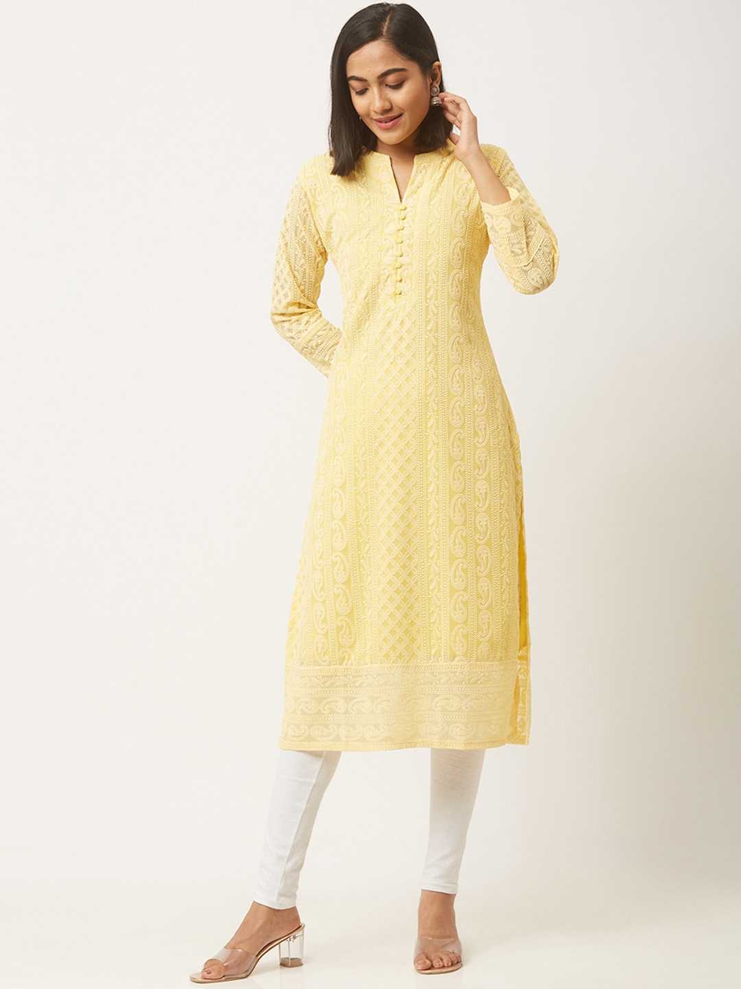 

ODETTE Ethnic Motifs Embroidered Mandarin Collar Straight Kurta, Yellow