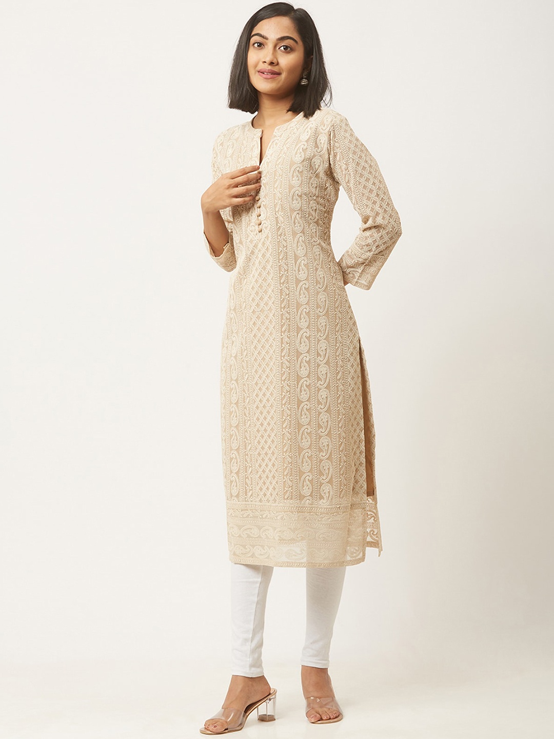 

ODETTE Ethnic Motifs Embroidered Mandarin Collar Straight Kurta, Beige