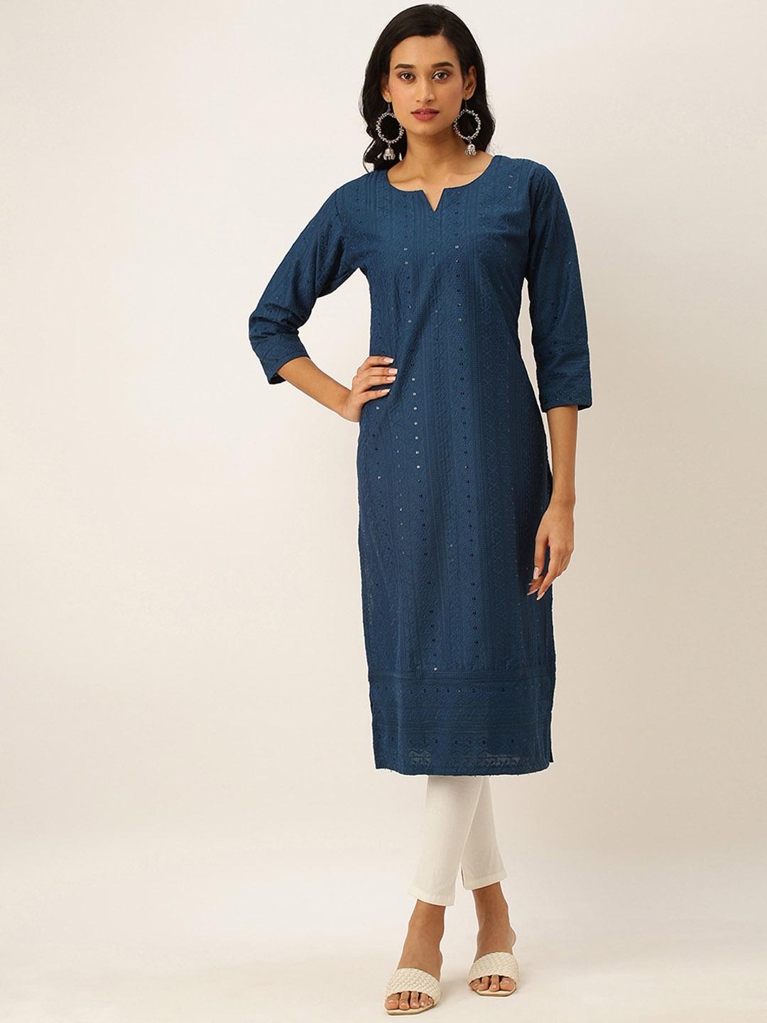 

ODETTE Ethnic Motifs Embroidered Mandarin Collar Sequins Detail Straight Kurta, Teal