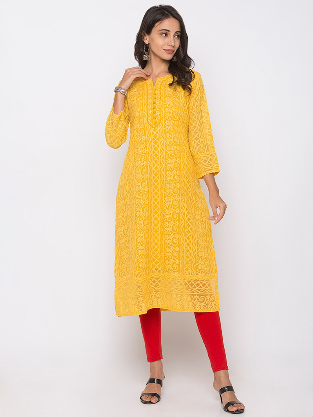 

ODETTE Floral Embroidered Thread Work Detail Straight Kurta, Yellow