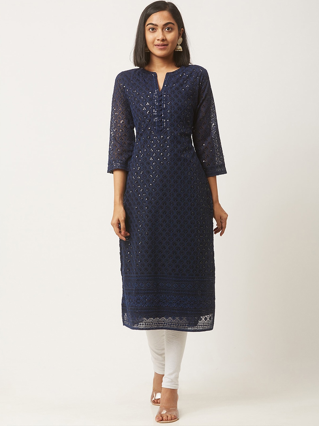 

ODETTE Ethnic Motifs Embroidered Mandarin Collar Sequins Detail Straight Kurta, Navy blue