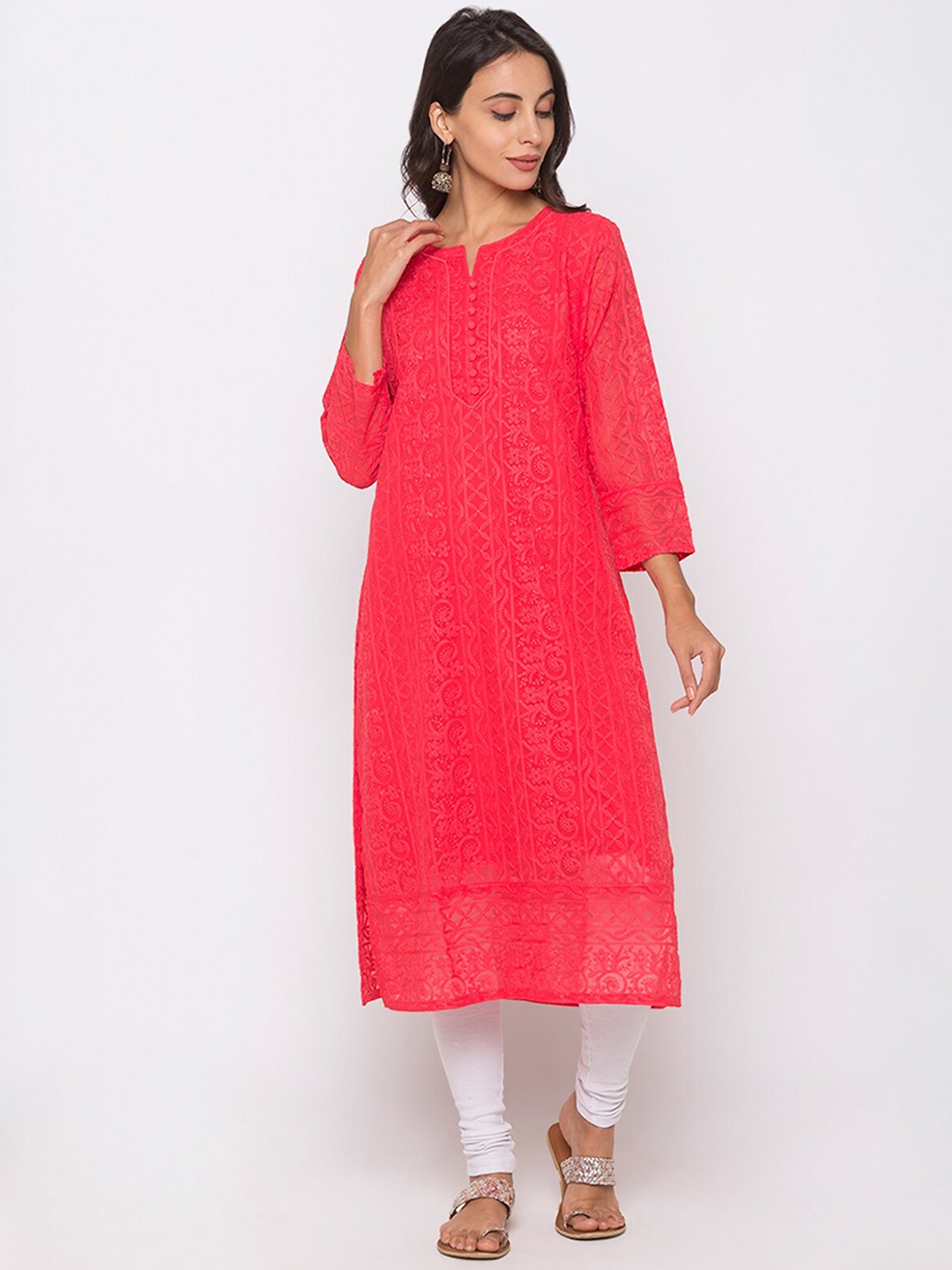 

ODETTE Ethnic Motifs Embroidered Thread work Detail Straight Kurta, Pink
