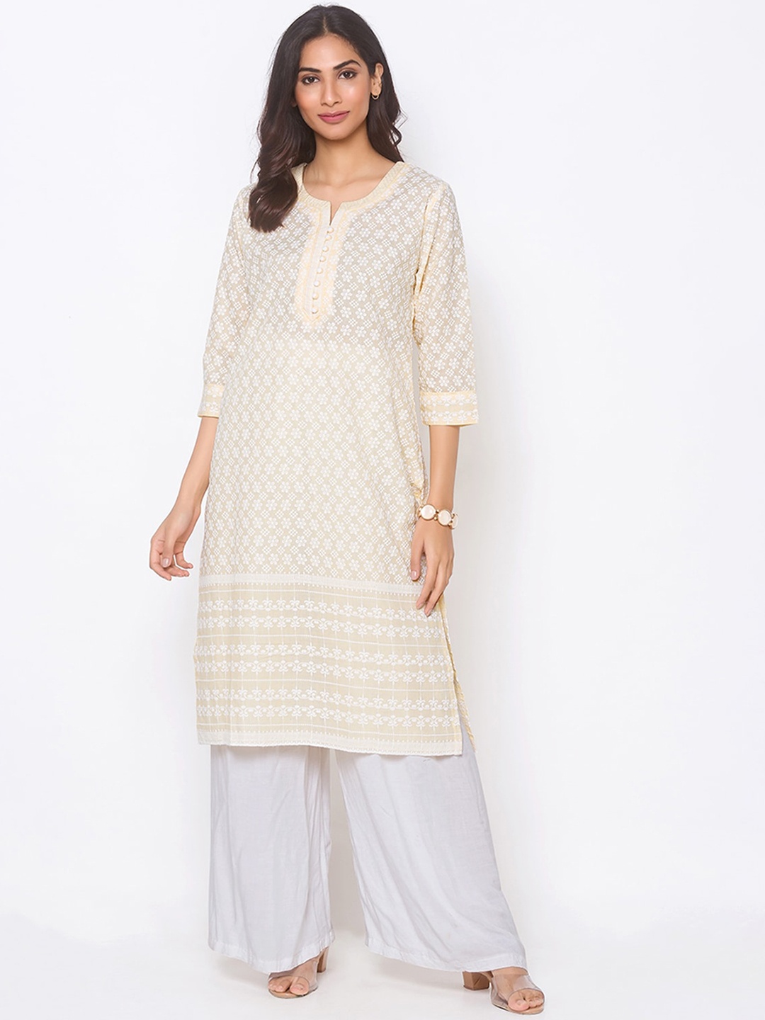 

ODETTE Floral Embroidered Thread Work Detail Straight Kurta, Yellow