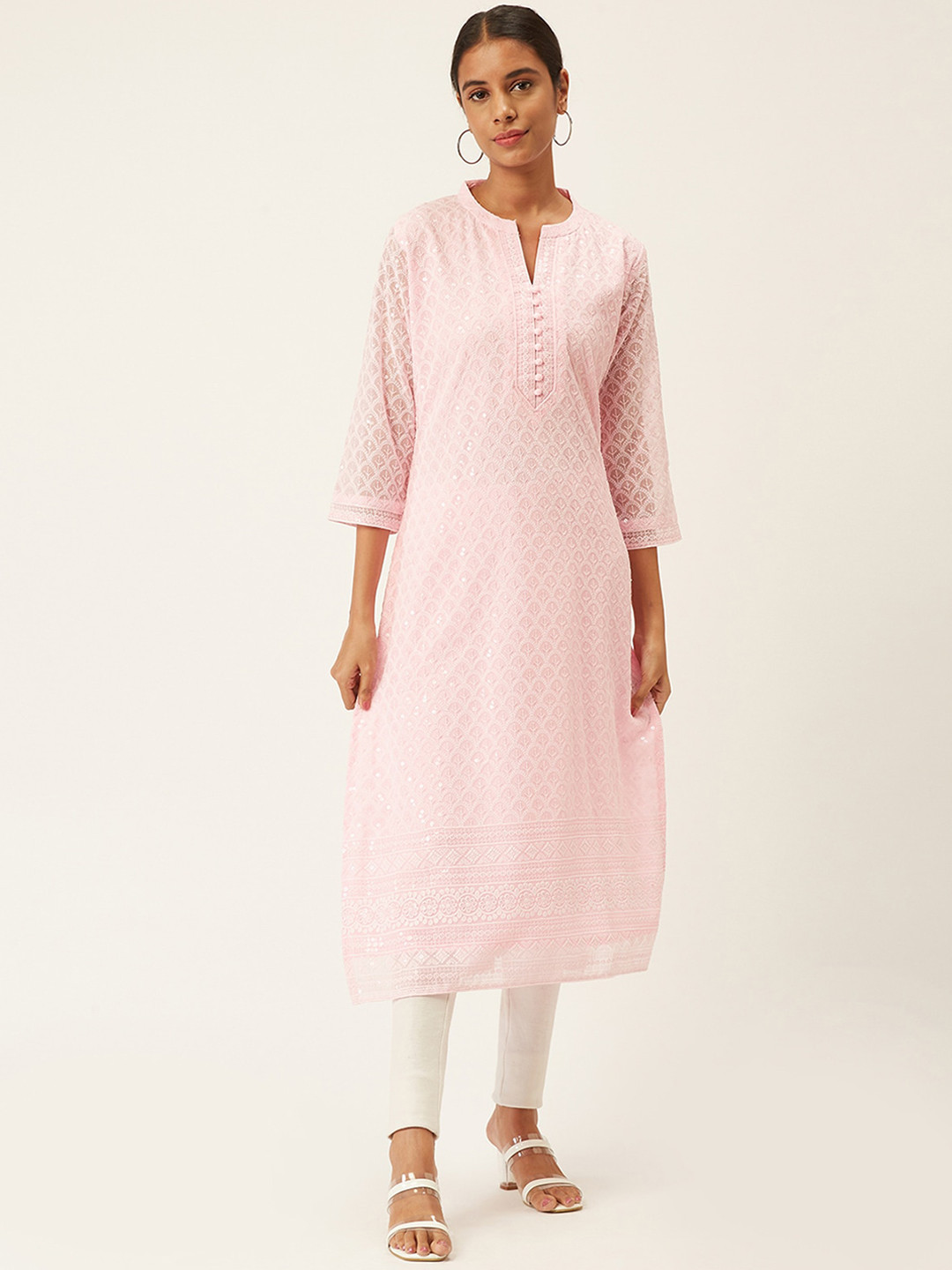 

ODETTE Ethnic Motifs Embroidered Mandarin Collar Sequins Detail Straight Kurta, Pink
