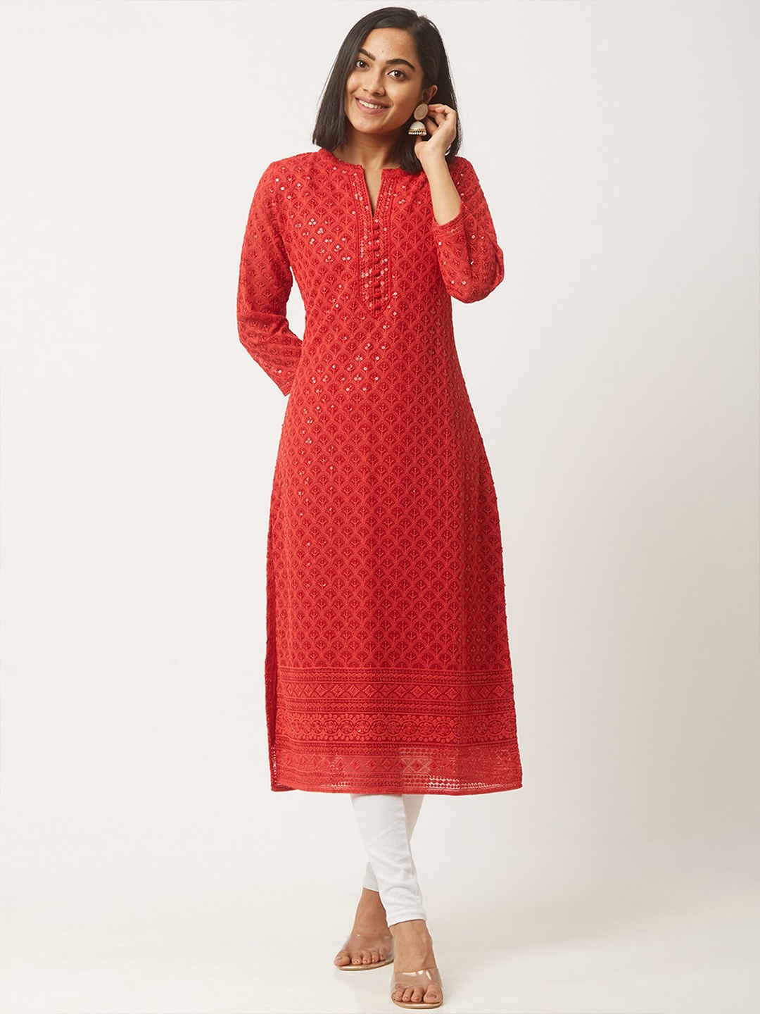 

ODETTE Ethnic Motifs Embroidered Mandarin Collar Sequins Detail Straight Kurta, Red