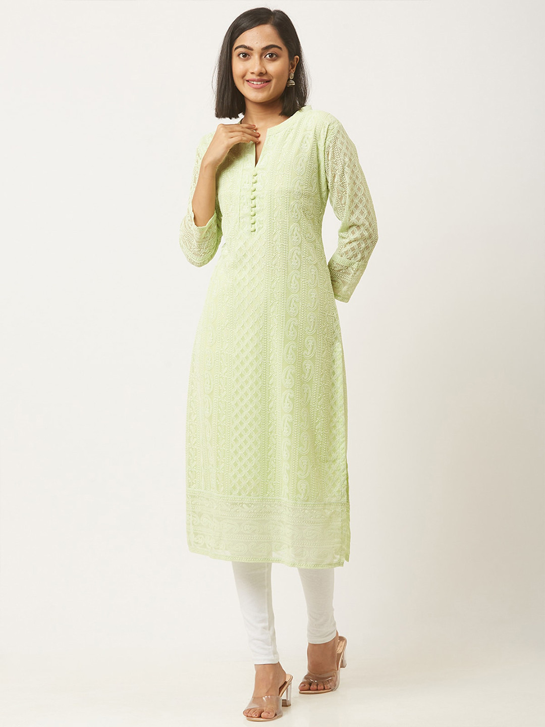 

ODETTE Paisley Embroidered Mandarin Collar Thread Work Detail Straight Kurta, Green