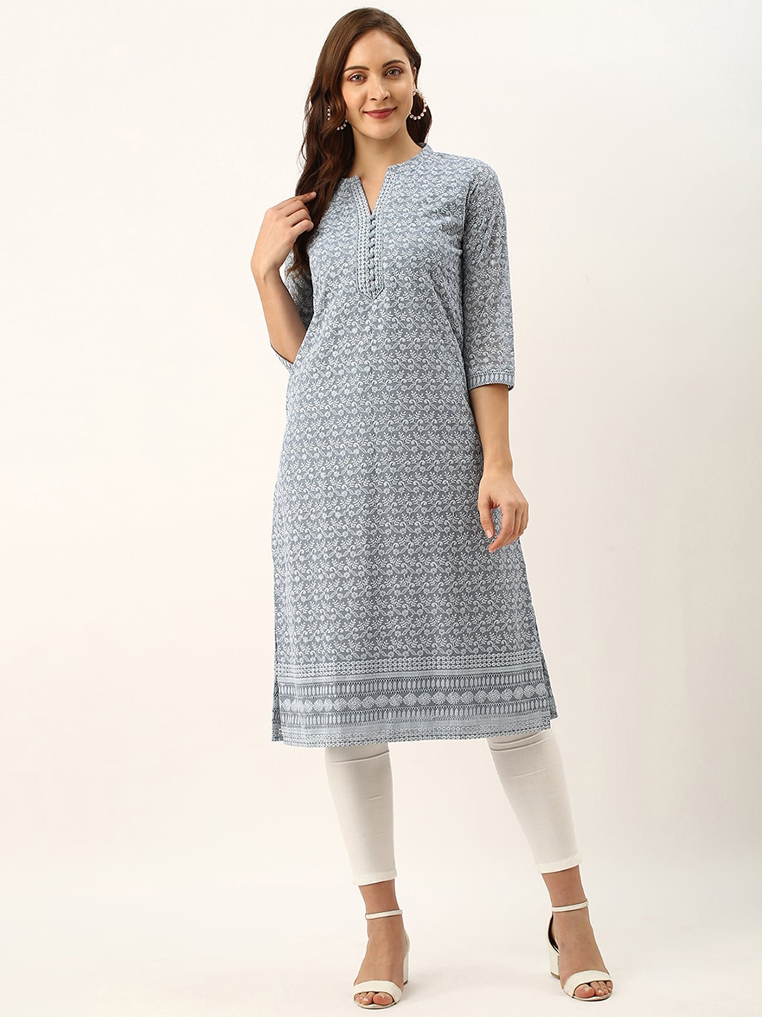 

ODETTE Floral Embroidered Mandarin Collar Thread Work Detail Straight Kurta, Grey