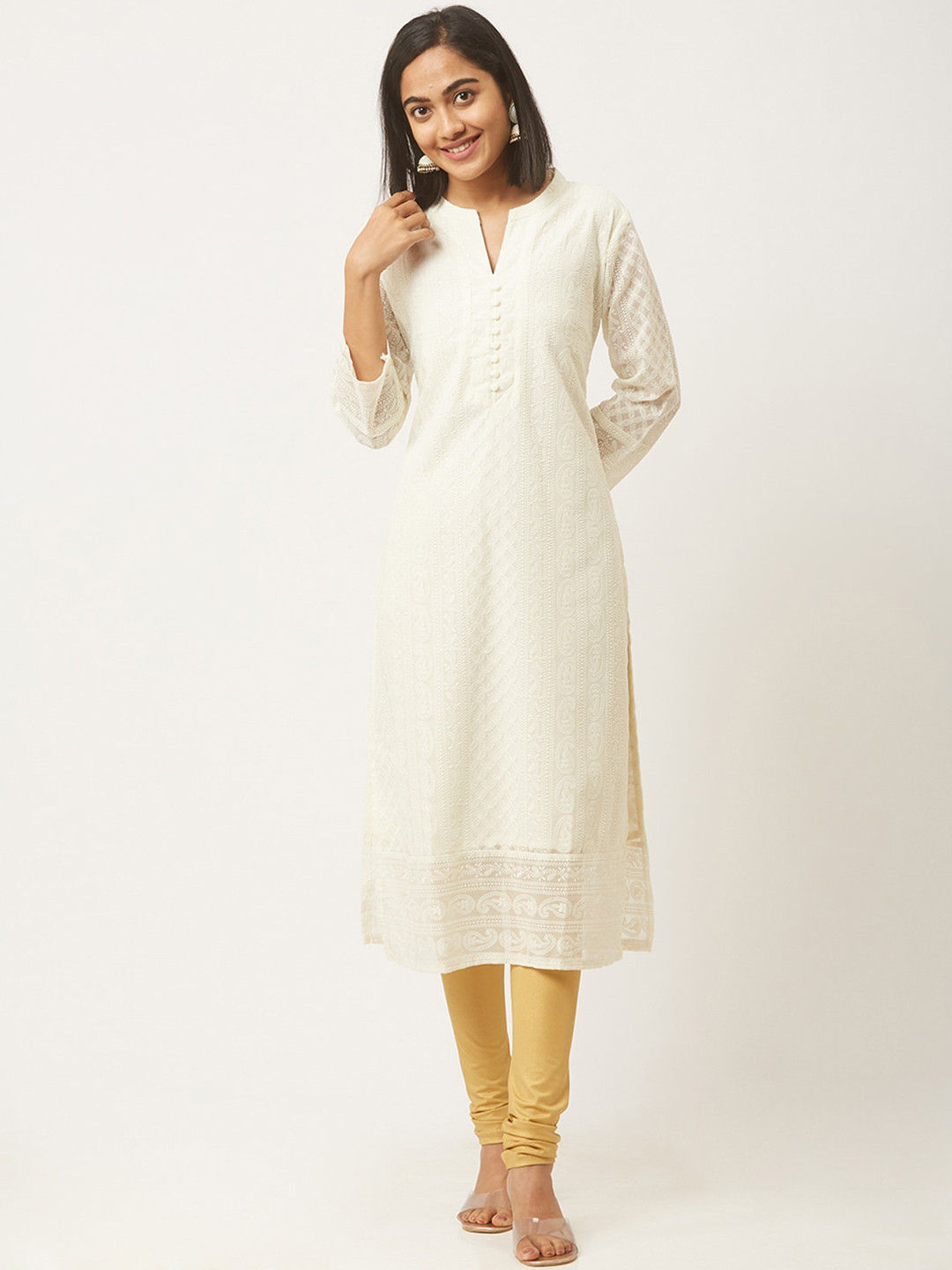 

ODETTE Paisley Embroidered Mandarin Collar Thread Work Detail Straight Kurta, Off white