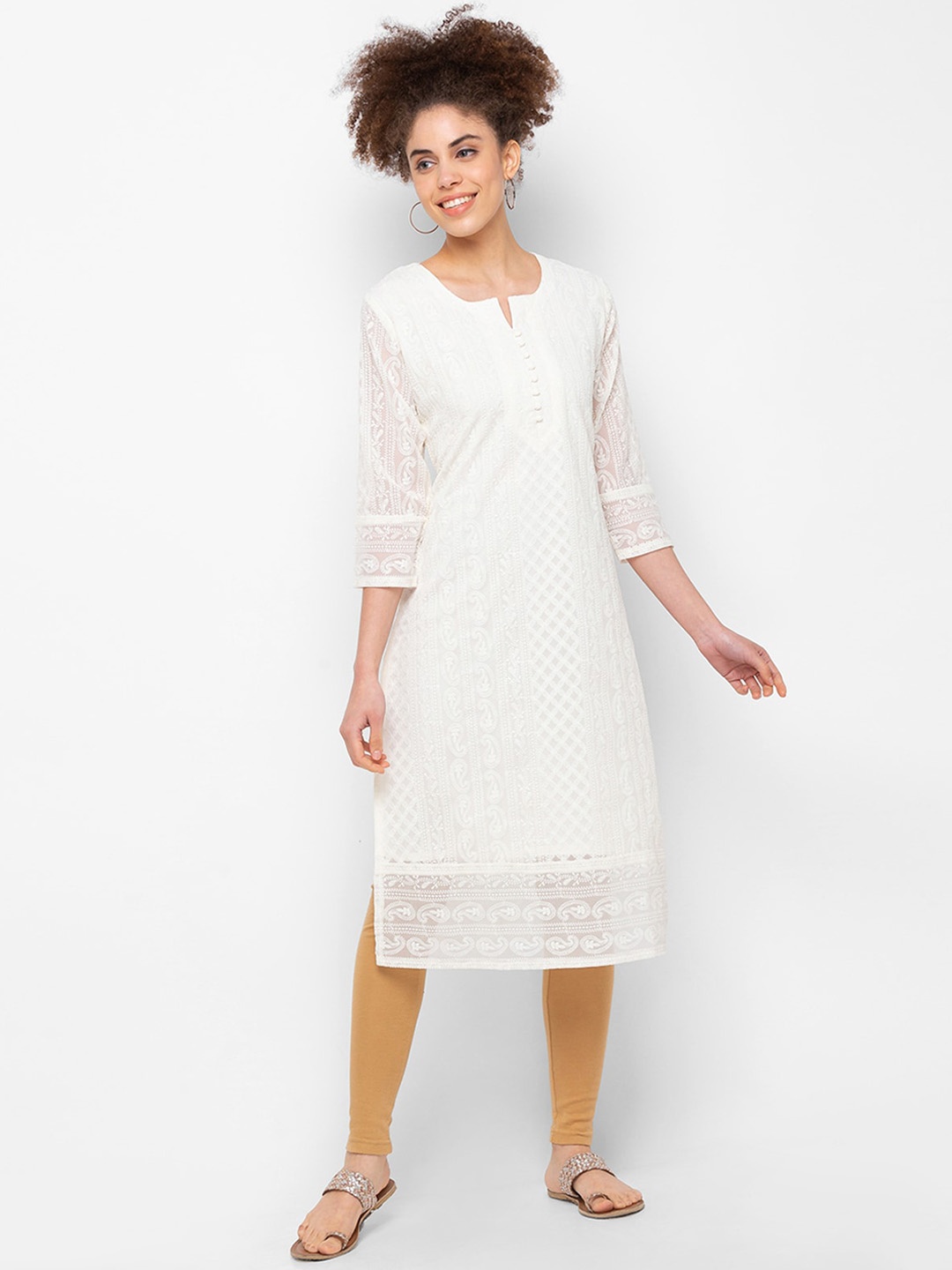 

ODETTE Paisley Embroidered Thread Work Detail Straight Kurta, Off white