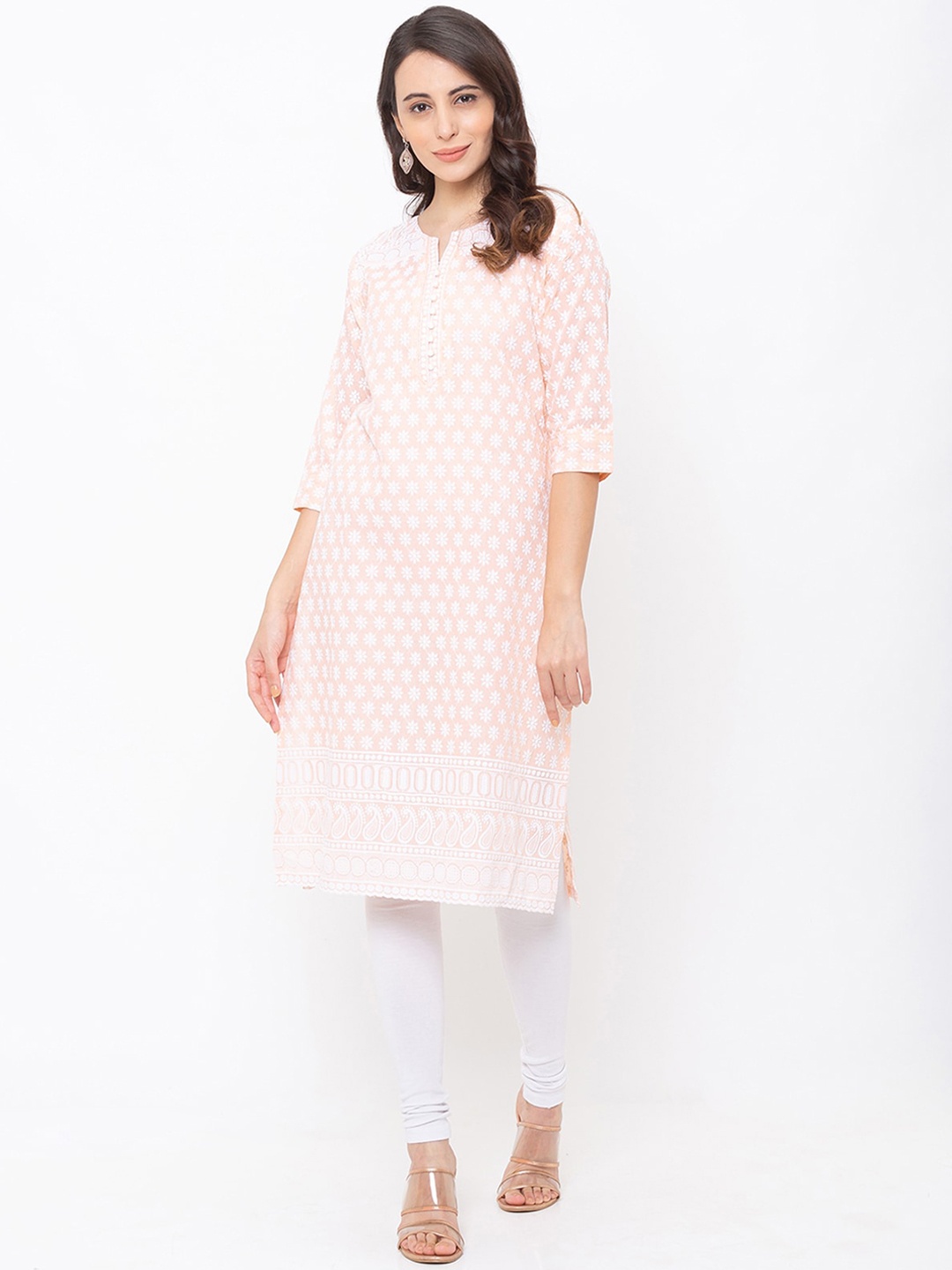 

ODETTE Ethnic Motifs Embroidered Thread Work Detail Straight Kurta, Peach