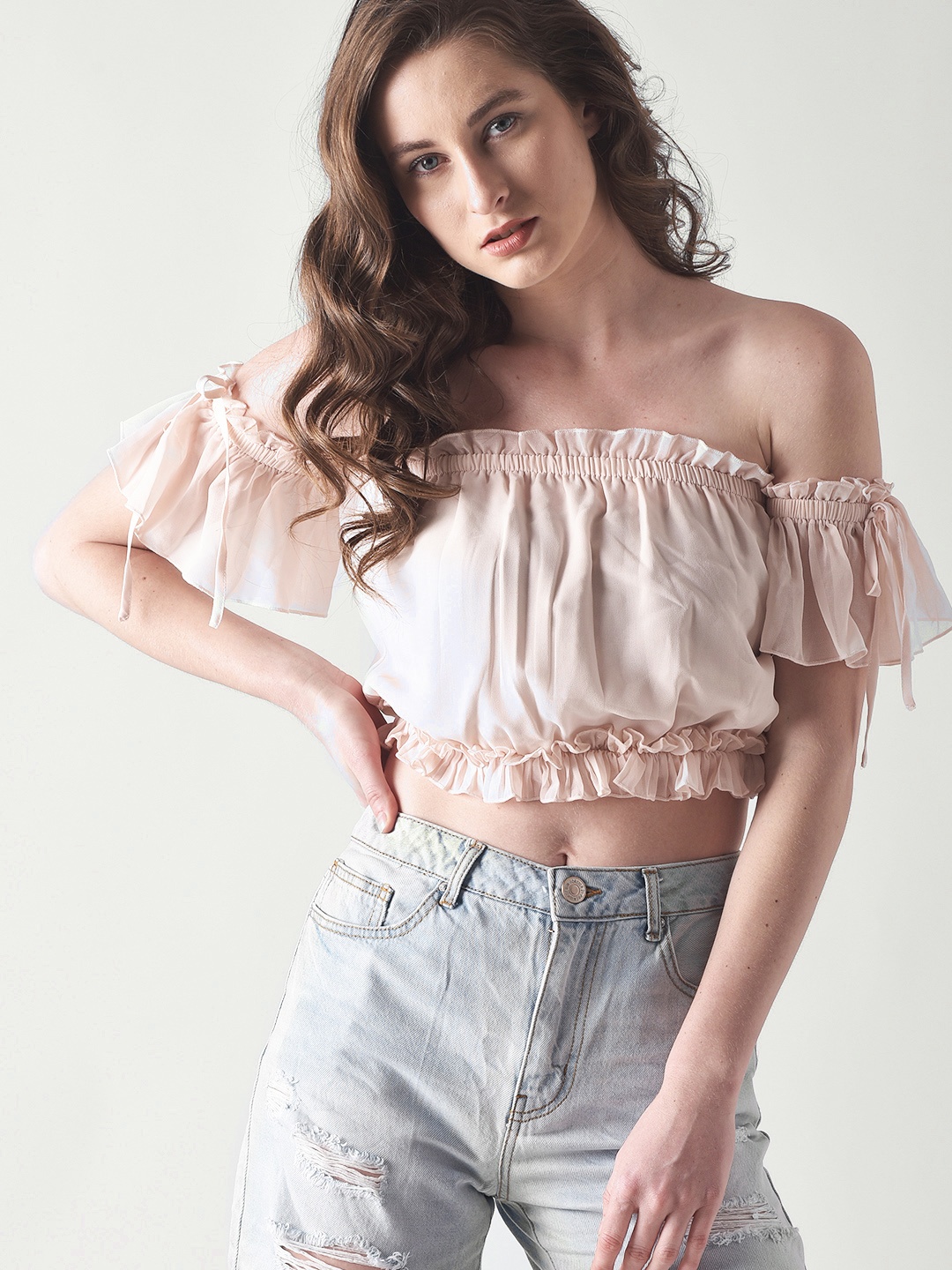 

FOREVER 21 Women Peach-Coloured Solid Crop Tube Top