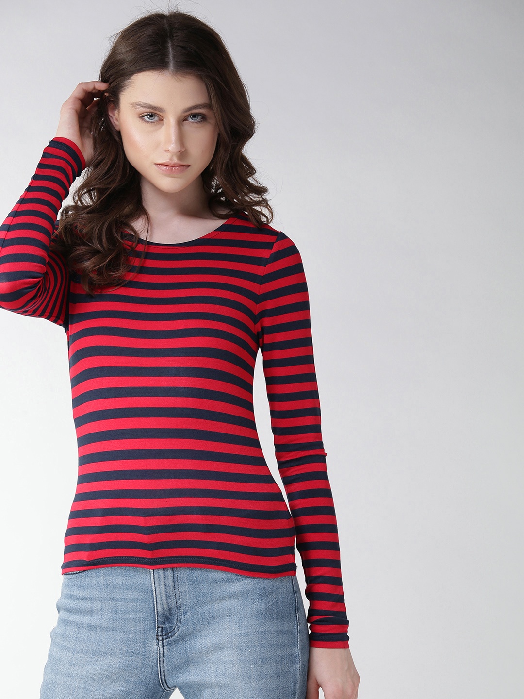 

FOREVER 21 Women Navy Blue & Red Striped Fitted Top
